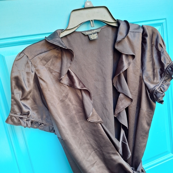 Wrap-Around Top Vintage Black Satin Ruffle Puff Sleeve Blouse - Picture 8 of 16